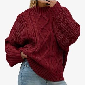 Burgundy Cable Knit Turtleneck Sweater buttons on shoulder for off shoulder